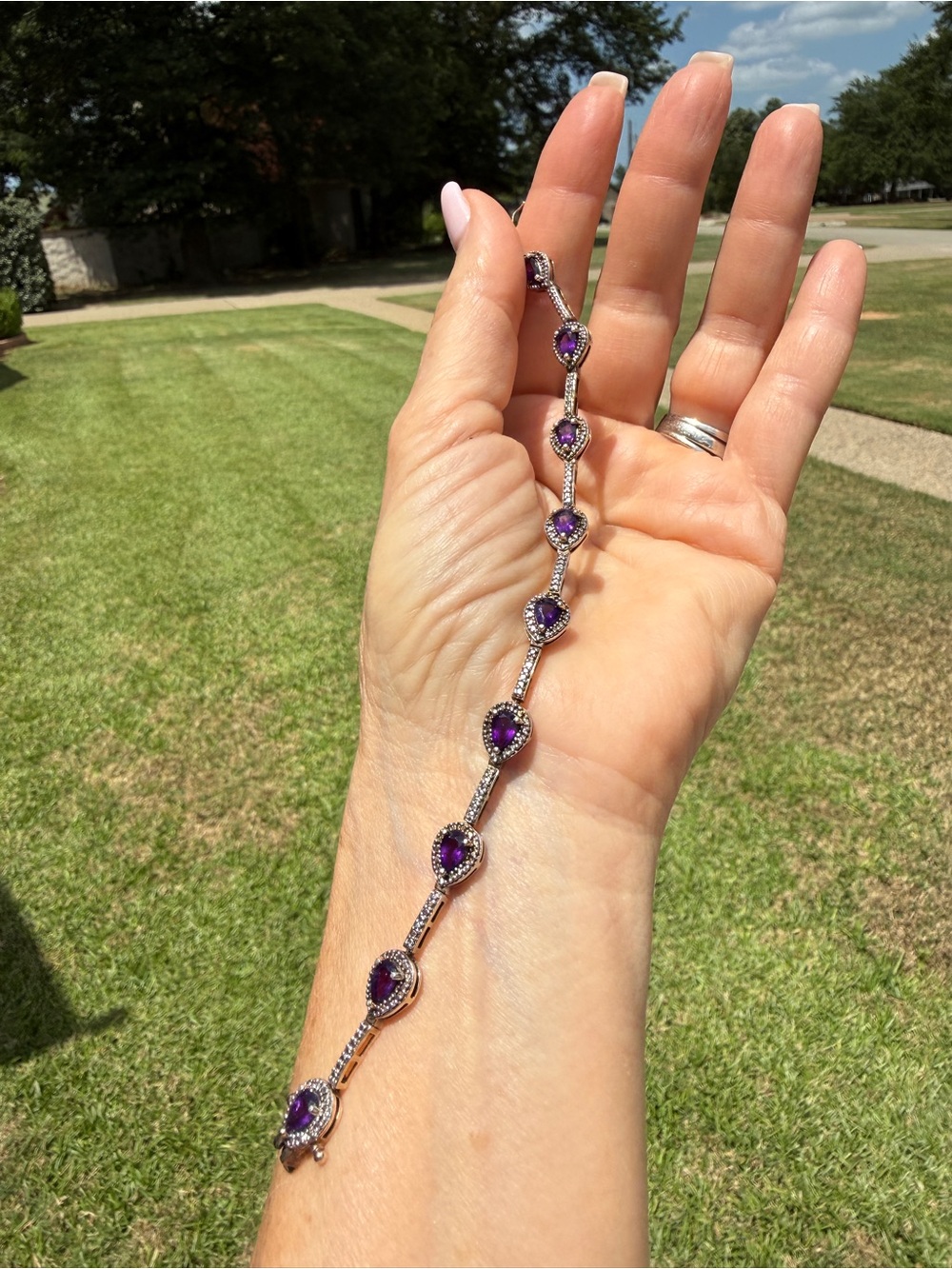 Sterling Silver Gold Overlay Natural Amethyst Teardrop Tennis Bracelet - Picture 7 of 8